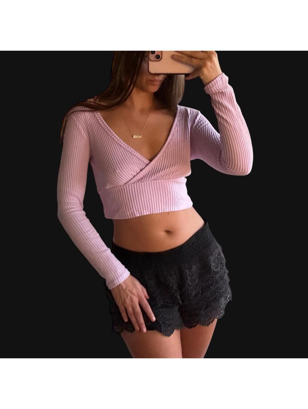 Wild Fable Ribbed Knit Long Sleeve Crop Top in Light Purple, Size Small